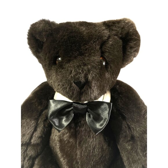 Vintage 1997 Vermont Teddy Bear Jointed Dark Chocolate Brown Bow Tie 16” - Picture 2 of 12